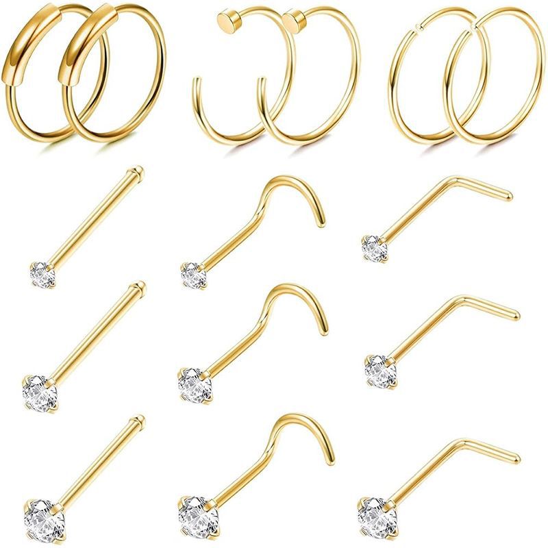 Stainless Steel Gem Diamond Nose Ring Stud Set - 15 Pieces Body Piercing Jewelry for Women Men - Image 3