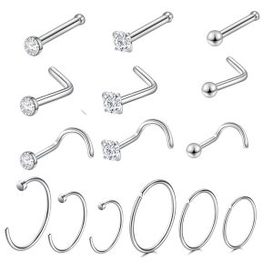 Stainless Steel Gem Diamond Nose Ring Stud Set - 15 Pieces Body Piercing Jewelry for Women Men