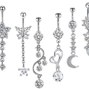 Rose Gold Zircon Belly Button Ring Set - 6 Piece Body Piercing Jewelry Suit