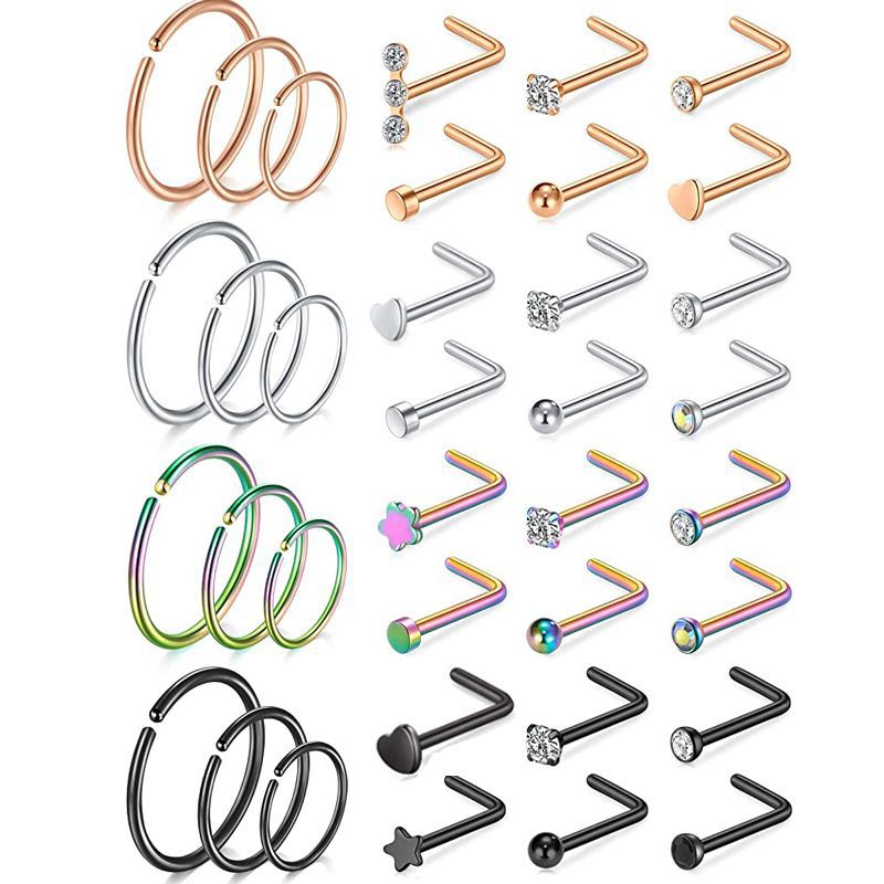 Rose Gold Nose Nail Ring Set 20G Stainless Steel CZ Piercing Jewelry - 30 Pcs - Image 5