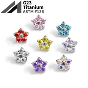 F136 Titanium Flower Five Petals 5A Zircon Earrings Lip Nails Nose Nails Ear Bone Nails G23 Titanium Alloy Piercing Jewelry