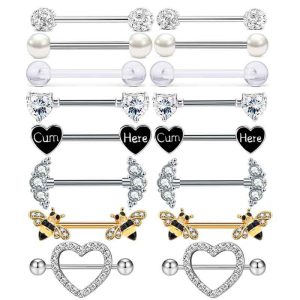 Stainless Steel Zircon Nipple Ring Set - 9 Pairs Nipple Piercing Jewelry with Tongue Nail Nails, Popular Body Piercing Set