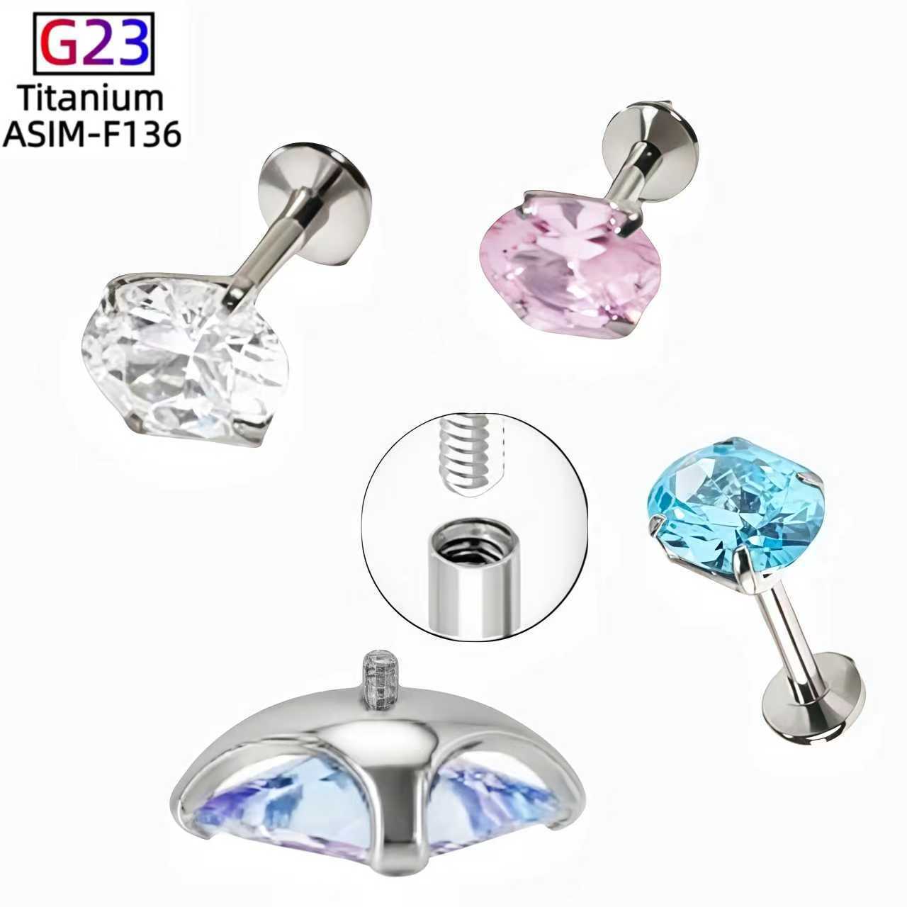 G23 Titanium Alloy Lip Nail Earrings Oval Four-Claw Inlaid Zircon Body Piercing Jewelry - Image 2