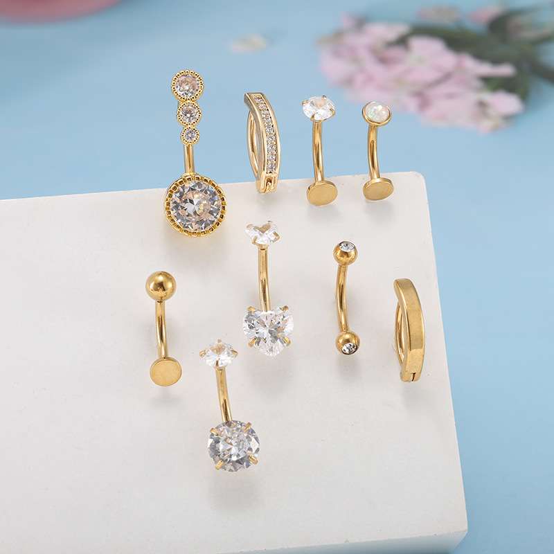 Stainless Steel Belly Button Ring 9-Piece Set with Round Zircon and Opal 14g Belly Piercing Jewelry - Image 4