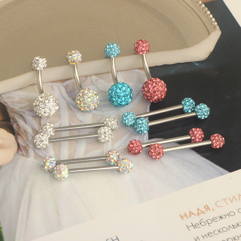 Stainless Steel Diamond Ball Navel Ring & Breast Jewelry Set - 18K Gold Plated Geometric Body Piercing - Image 2
