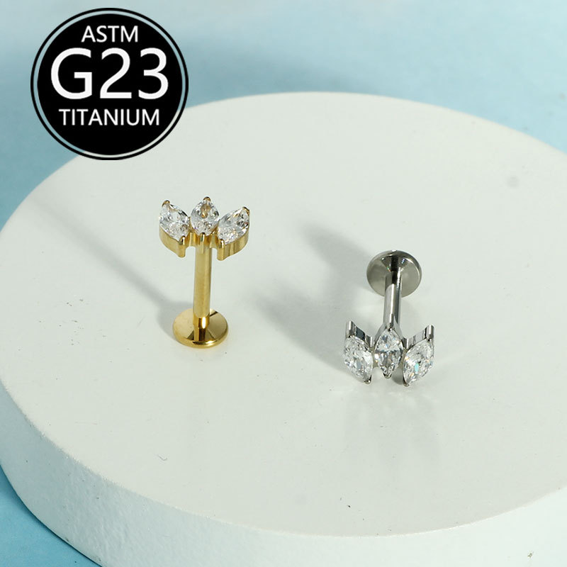 F136 Titanium Three Marquise Diamond Super Flash Zircon Earrings Lip Nails Cross Border G23 Titanium Body Piercing Jewelry - Image 3