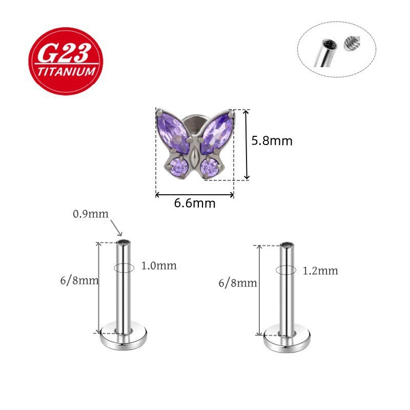 F136 Titanium Zircon G23 Titanium Alloy Butterfly Ear Stud Lip Piercing Jewelry Wholesale - Image 2