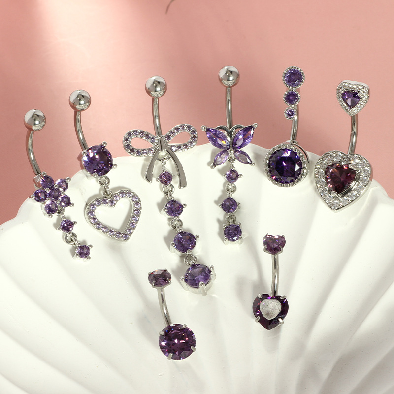 Stainless Steel Zircon Inlaid Heart Navel Ring 4 Colors 8 Piece Set Belly Button Piercing Jewelry - Image 2