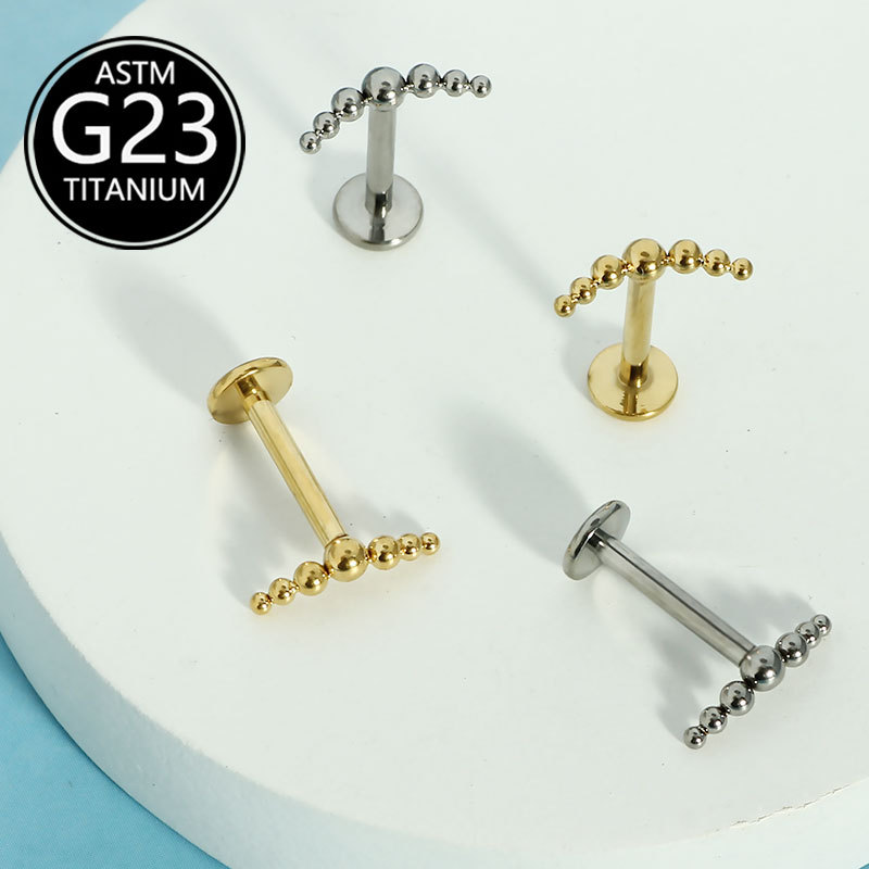 G23 Titanium Internally Threaded Lip Stud with Seven Beads Round Top 6-10mm - Image 4