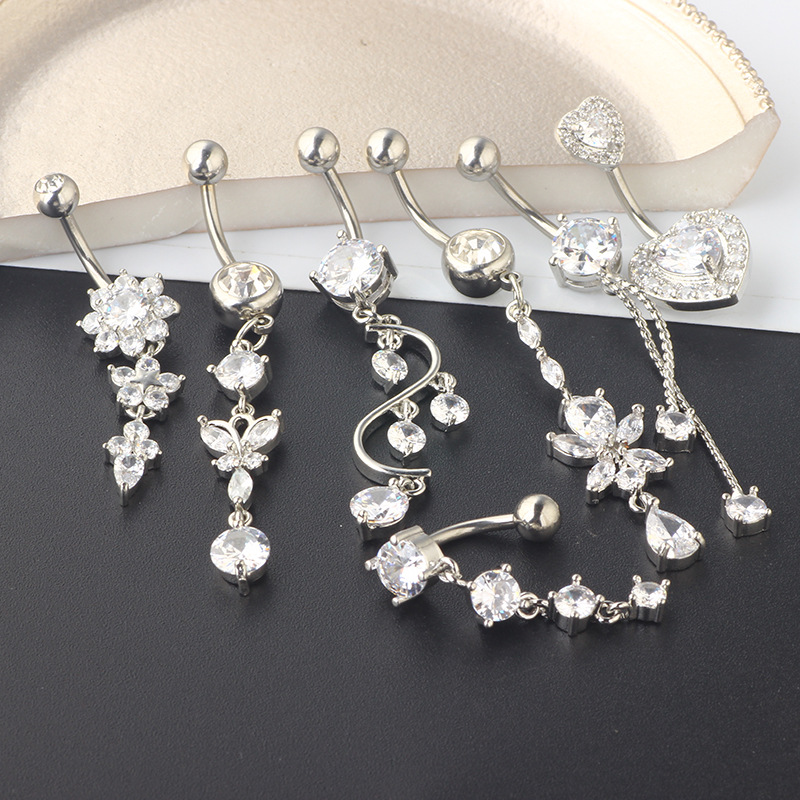 Mixed Zircon Navel Ring Set - 7-Piece Belly Button Piercing Jewelry with Heart Shape - Image 5