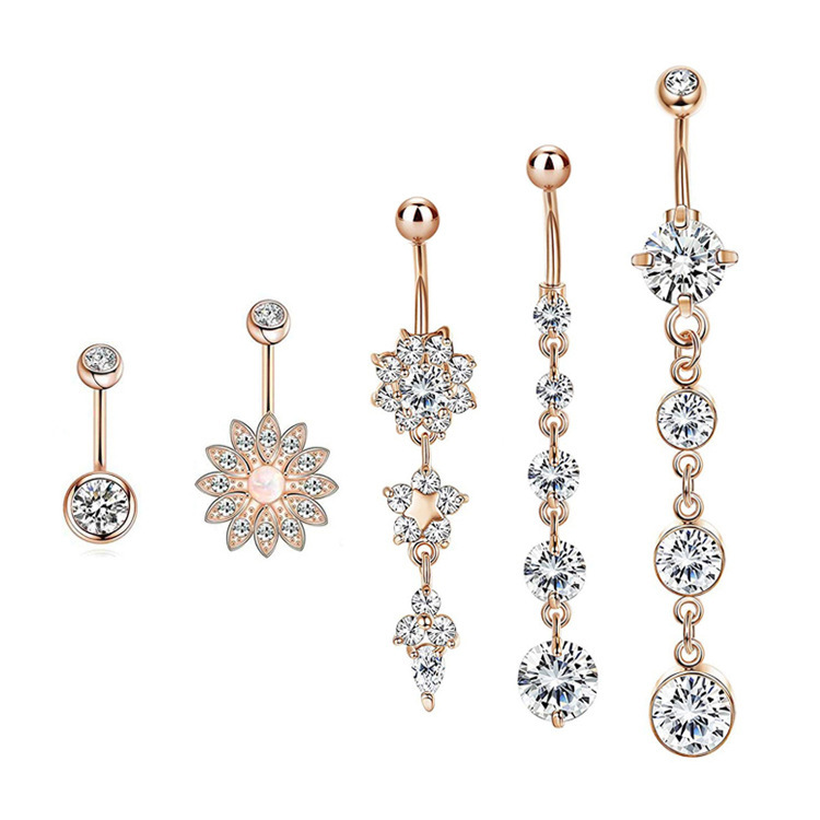 Exquisite Opal Flower Navel Ring Set - 5 Piece Rose Gold Belly Button Jewelry - Image 2