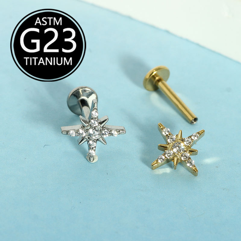 F136 Titanium Star Lip Stud Ear Stud with White Zircon, 1.2x10mm - Image 3