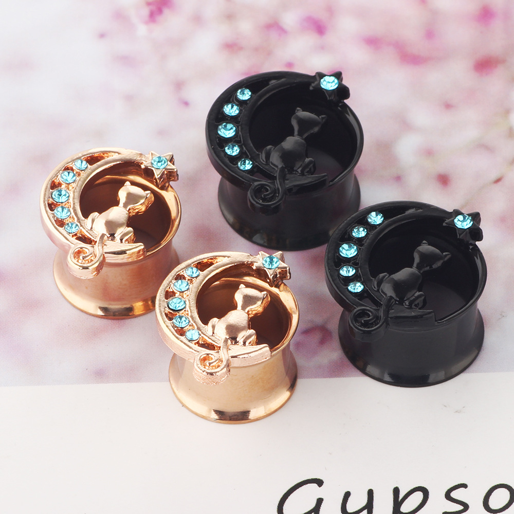 Rose Gold Stainless Steel Ear Expander with Diamond Cat Small Horn Cartilage Earring Jewelry - Image 5