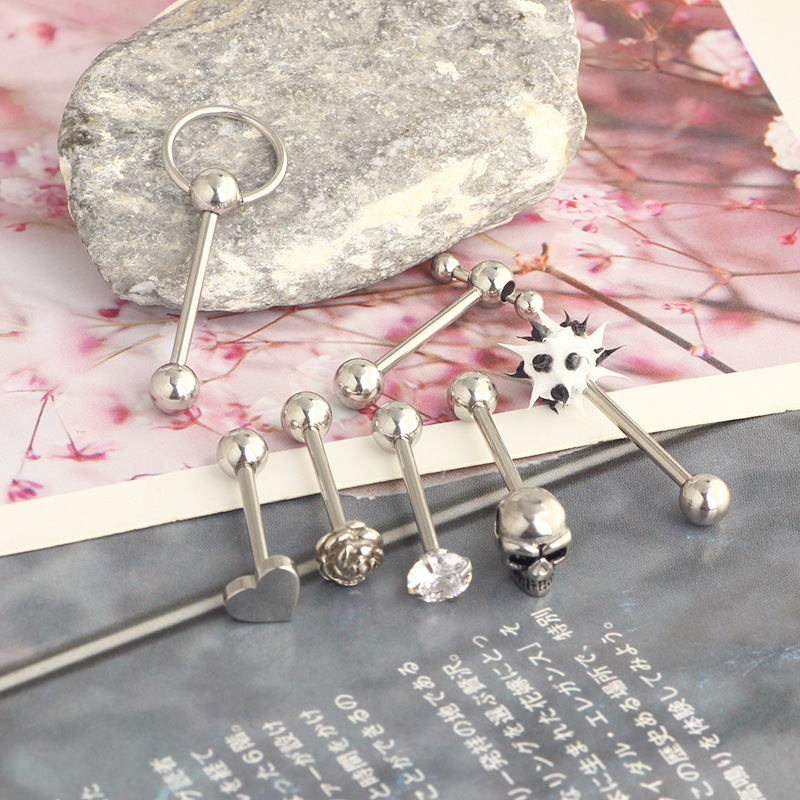 7-Piece Stainless Steel Ghost Head Star Tongue Ring Set - Rose Gold Tongue Nail Piercing Jewelry - Image 2