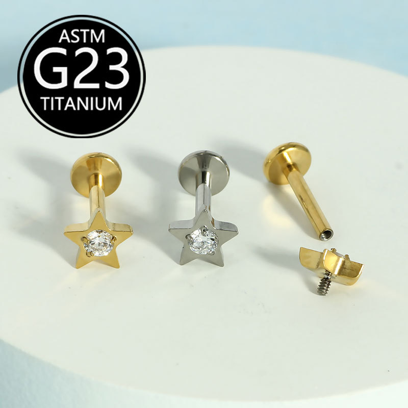 G23 Titanium Star Lip Stud Simple Niche Design Twist Screw Inlaid Zircon Ear Bone Nail 16G Flat Bottom Lip Piercing Jewelry - Image 4