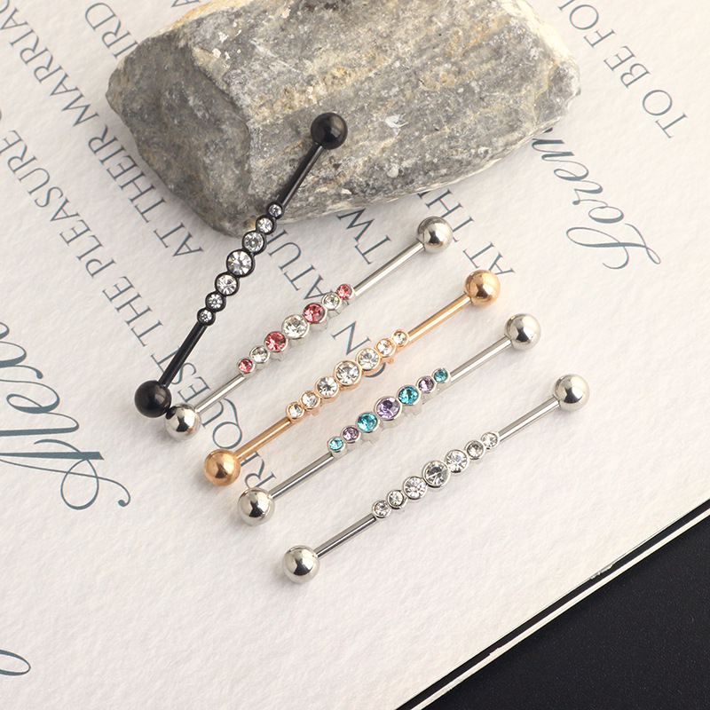 14G External Thread Industrial Barbell Earrings - 7-Drill Zircon Ear Bridge Double Hole Straight Rod for Piercing - Image 3