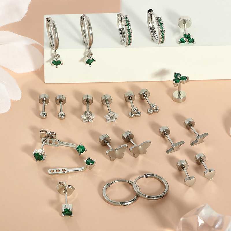 Moon & Star Green Zircon Earrings Stainless Steel Real Gold Plated Fashion Cartilage Stud Ear Bone Nails - Image 3