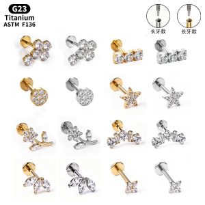 F136 Titanium Alloy Long Tooth Style Ear Studs, Finely Carved Ear Bone Studs with Zircon, Lip Studs, G23 Titanium Body Piercing Jewelry