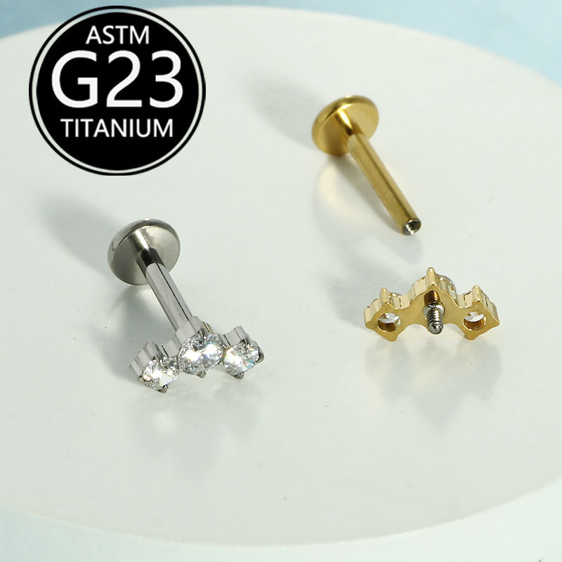 G23 Titanium Lip Stud with Zircon Internally Threaded Piercing Jewelry Cartilage Ear Bone Stud - Image 4