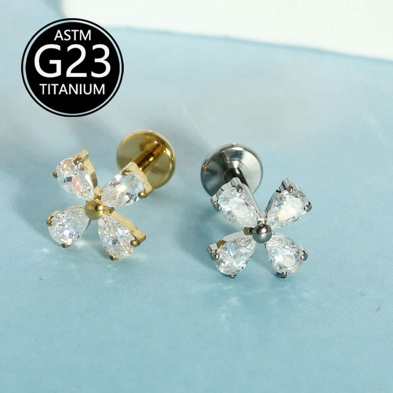 G23 Titanium Piercing Jewelry Flower Inlaid with Diamonds and Zircon Lip Ring Labret Stud Ear Cartilage Stud - Image 3