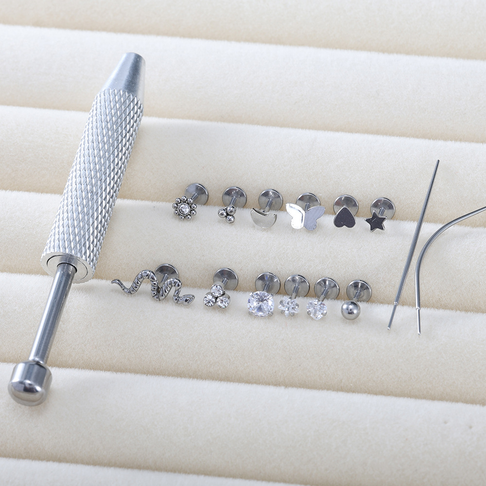Metallic Minimalist Stainless Steel Lip Stud Ear Bone Stud Set - CZ Butterfly Earrings for Women - Image 2