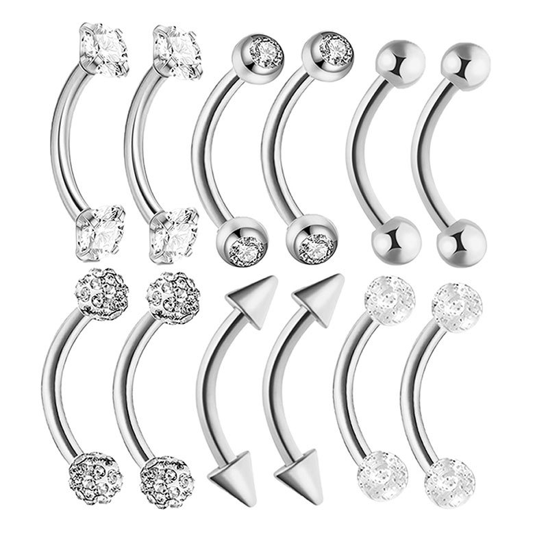 12-Piece Stainless Steel Curved Barbell Set - Pearl Zircon 16G Eyebrow, Lip, and Cartilage Piercing Jewelry - Image 5