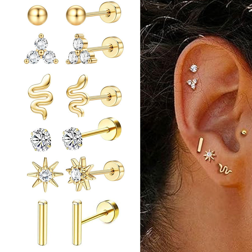 Stainless Steel Gold Electroplated Round Earrings Set with CZ, Heart Shape, Exquisite Ear Piercing Jewelry - Image 4