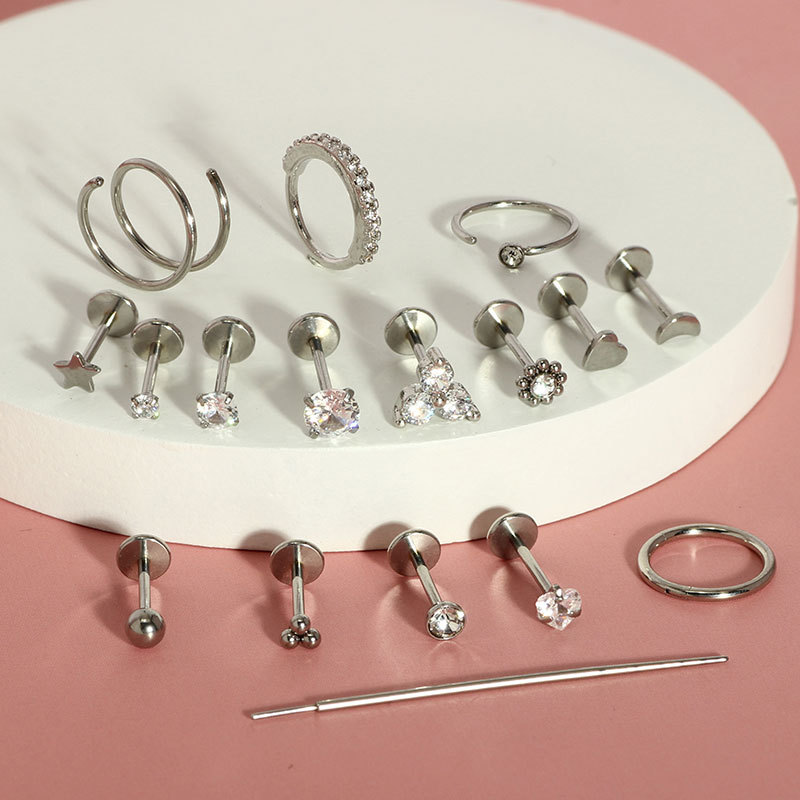 Stainless Steel Flat-Bottom Lip Nose Nail Set with Zircon Heart Design - 17 Pieces Piercing Jewelry - Image 3