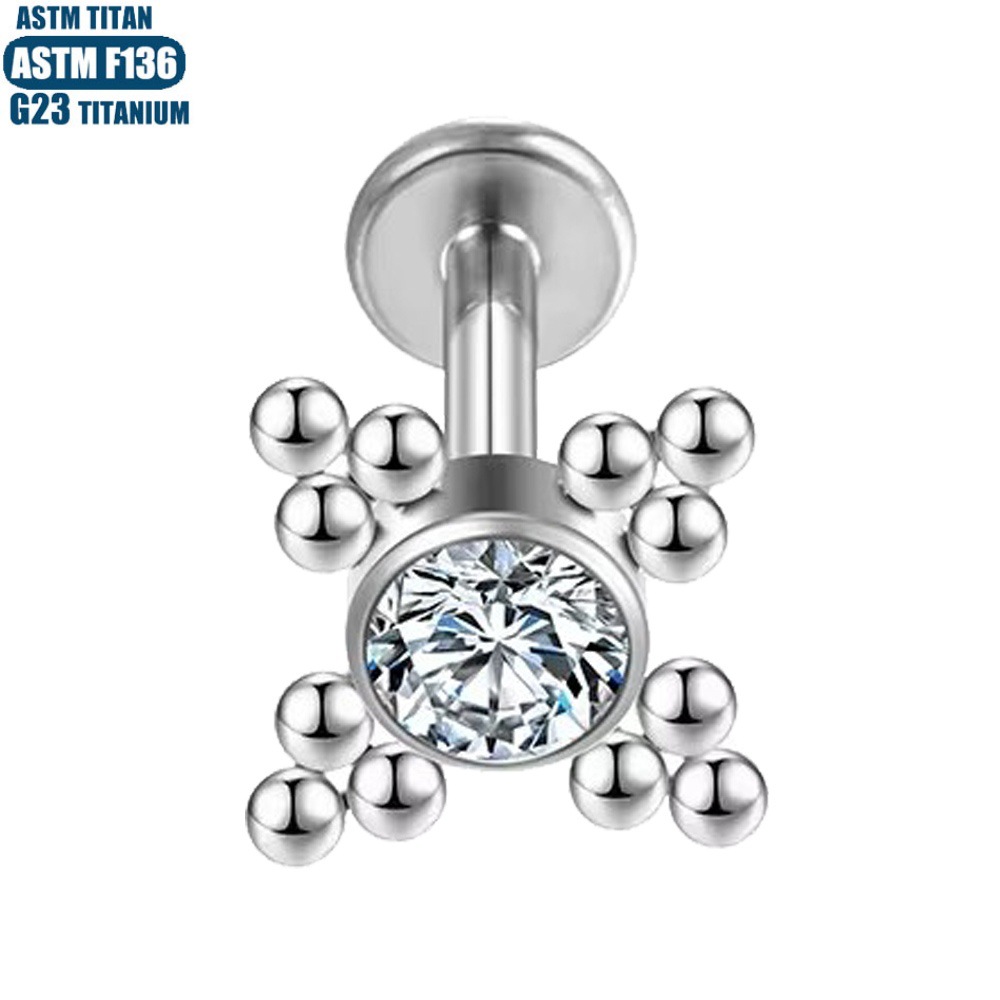 F136 Titanium Alloy Lip Ring Internally Threaded Zircon Bead Cluster Lip Stud Piercing Earrings - Image 5