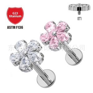 Titanium Flower 5A Zircon Ear Stud - G23 ASTM F136 Cartilage Stud for Helix Tragus Conch Piercing