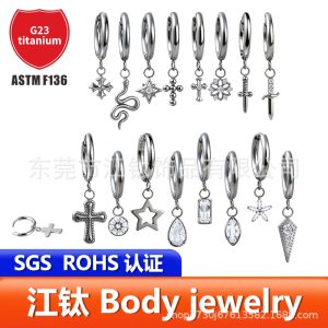 Titanium Ear Hoop Cross Six-Pointed Star Zircon Pendant G23 Titanium Alloy Body Piercing Earrings