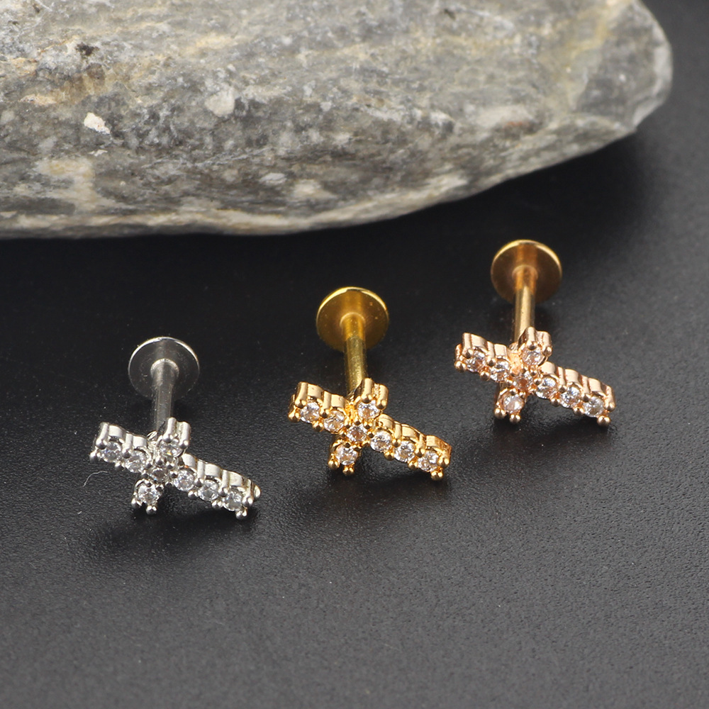 Zircon Cross Women's Ear Stud Earring Stainless Steel Cartilage Piercing Jewelry Lip Ring Body Jewelry - Image 2