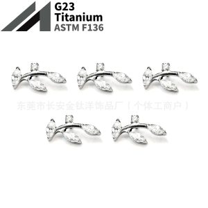 F136 Titanium Marquise Leaf Stud Earrings with Zirconia for Lip Nose Ear Piercing