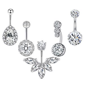 Freshly Released Rose Gold Navel Ring Set - 5-Piece Umbilical Body Piercing Jewelry with CZ Stones