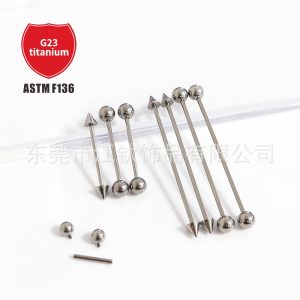 F136 Titanium Double Pointed Cone Round Ball Straight Barbell Tongue Nail Body Piercing Jewelry - G23 Titanium Alloy