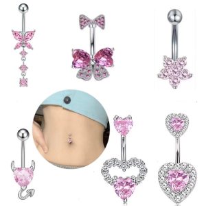 New European American Sexy Double Love Pink Series Belly Button Ring Zircon Peach Heart Navel Piercing Jewelry