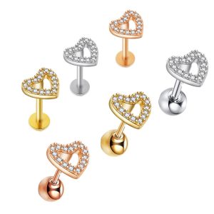 Heart-Shaped Cartilage Tragus Stud Earring - 316L Surgical Steel, Rose Gold Lip Piercing Labret Stud