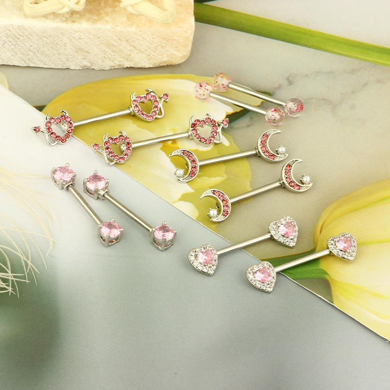 Pink Heart Chest Ring Stainless Steel Straight Barbell Nipple Ring Wholesale - Image 2