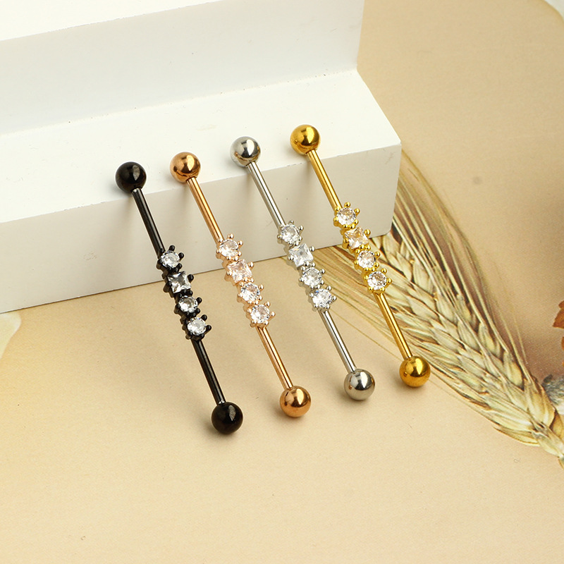 European American Industrial Barbell Ear Piercing, External Thread Straight Rod Zircon Earrings for Double Ear Holes, Black Titanium Alloy - Image 2