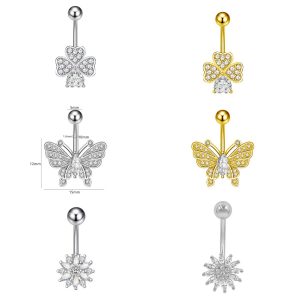 Butterfly Gold Flower Belly Button Ring Stainless Steel CZ Belly Ring Dangle Navel Jewelry