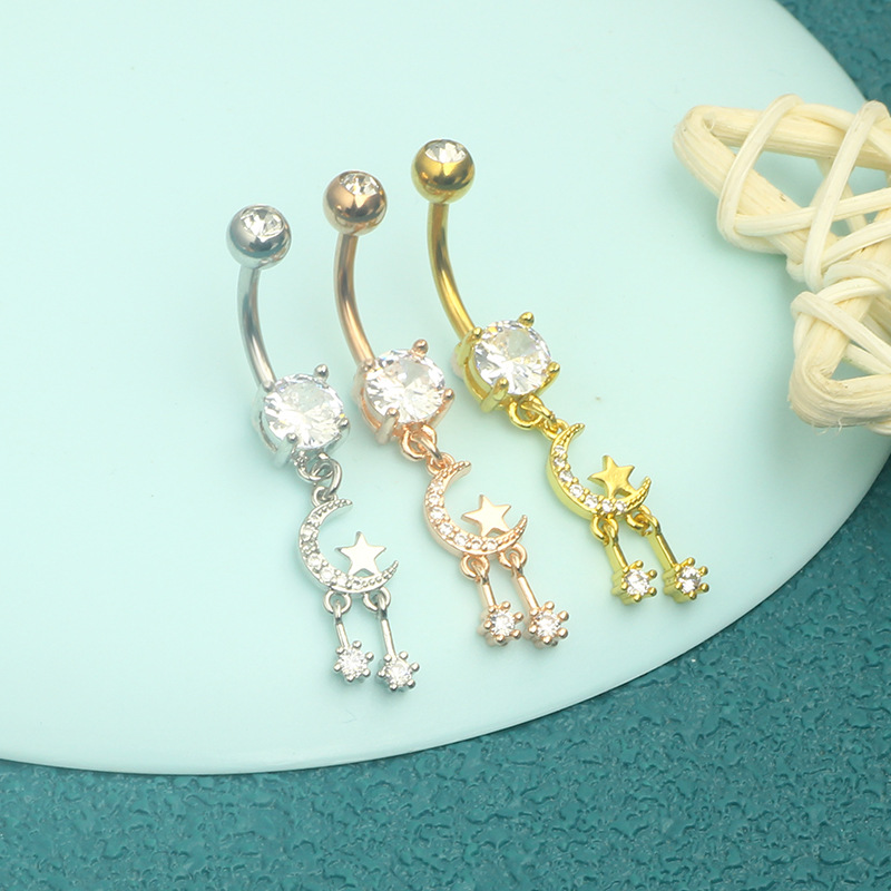 Star Moon CZ Stainless Steel Belly Button Ring Dangle Navel Piercing Jewelry Rose Gold - Image 5