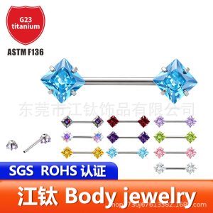 G23 Titanium Square Claw Zircon Nipple Ring 1.6x14mm Nipple Stud Body Piercing Jewelry