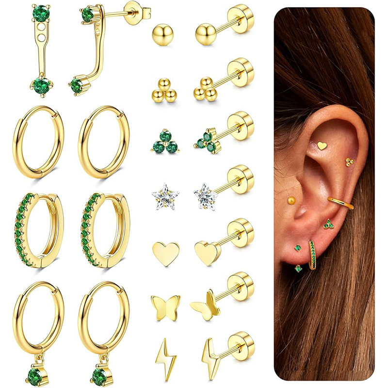 Moon & Star Green Zircon Earrings Stainless Steel Real Gold Plated Fashion Cartilage Stud Ear Bone Nails - Image 5