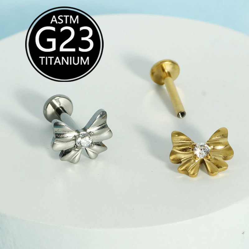 F136 Titanium Alloy Bowknot Lip Stud 16G Internal Thread Ear Bone Stud G23 Titanium Piercing Jewelry - Image 2