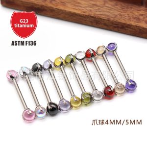 F136 Titanium Nipple Nail Tongue Nail Three Claw Embryo Ball Zircon Internal Teeth Straight Rod Cross-Border G23 Titanium Alloy Body Piercing Jewelry