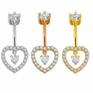 Rose Gold Flower Inlaid CZ Stainless Steel Belly Button Ring Body Piercing Jewelry