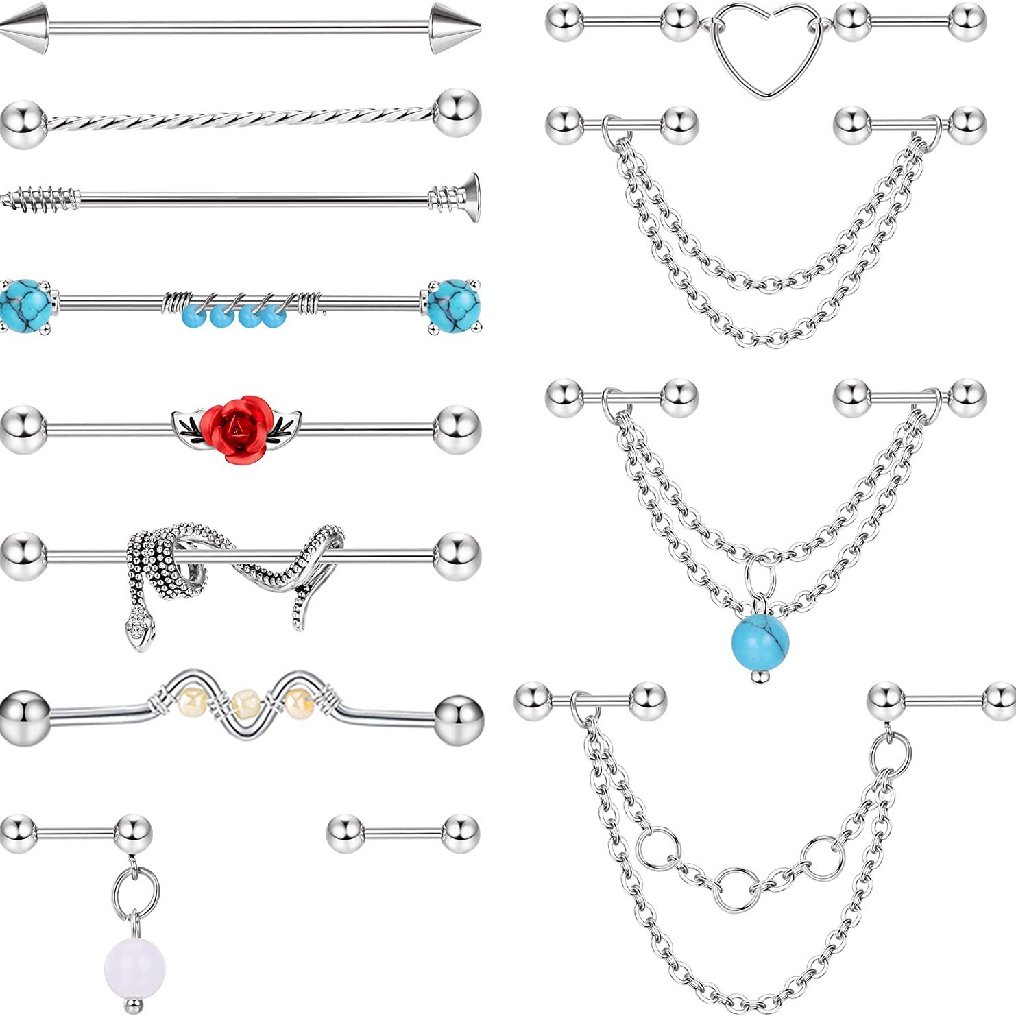 13Pcs Industrial Barbell and Ear Bone Nail Set Handmade Chain Earrings European American Body Jewelry Rose Gold Turquoise - Image 3