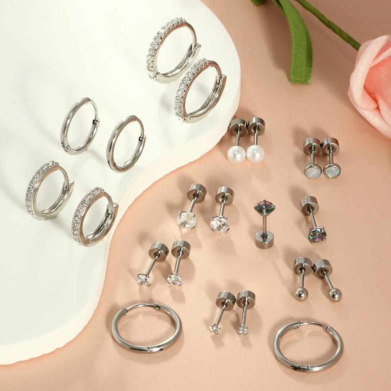 New 22-Piece Best-Selling Stainless Steel Round CZ Earring Set - Versatile Geometric Earrings for Men and Women - Image 3