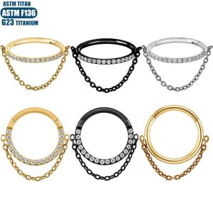 G23 Titanium Hinge Nose Ring with Zircon Chain Earrings - Seamless Open Ring Cartilage Septum Perforated Ear Ring Nose