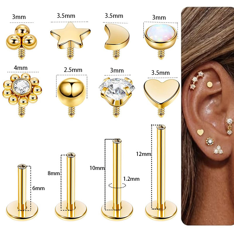 6-12mm Stainless Steel Internally Threaded Lip Studs and Ear Bone Studs with Multiple Replacement Heads - Piercing Jewelry - Image 5